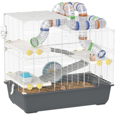 Afbeelding van PawHut Hamsterkäfig 4 Etagen Nagerkäfig Kleintierkäfig mit Laufrad Futternapf Tunnel Hütte Obertür, Kleintierstall Käfig für Hamster Zwerghamster 78 x 45 73 cm, Grau