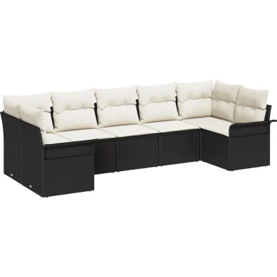 Afbeelding van vidaXL 7 delige tuinsofa set met kussens zwart poly riet, 2 zits opslag &amp; riet