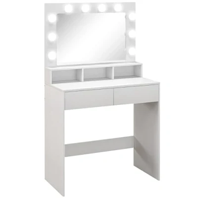 Afbeelding van Homcom make uptafel met spiegel, Hollywood, laden, 3 verlichtingsmodi, 10 gloeilampen, moderne voor slaapkamer en woonkamer, 80 x 40 135 cm, wit