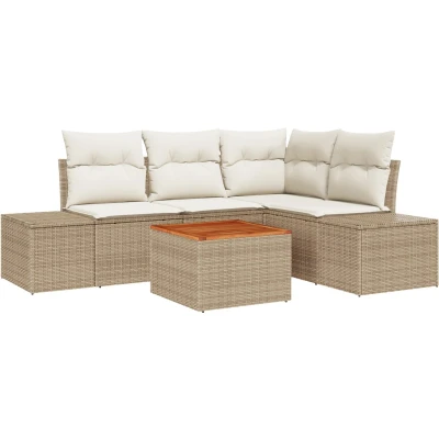 Afbeelding van vidaXL 5 delige tuinsofa set met kussens Beige Poly rattan Acacia