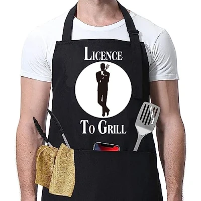 Afbeelding van Licentie om te grillen 007 schort cadeau voor Hem Man vader dag dames koken chef nieuwigheid 30e 40e 50e 60e Verjaardag Kerst Kous Filler Secret Santa Rude Silly Presents Papa Vriend Oom,