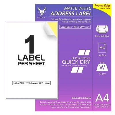 Afbeelding van 1 etiketten per A4 vel, 50 vellen kleverige etiketten, afdrukbaar stickerpapier, iSOUL Matte zelfklevende adresmailing, verzending, compatibel met laser en inkjetprinters [Quickdry]
