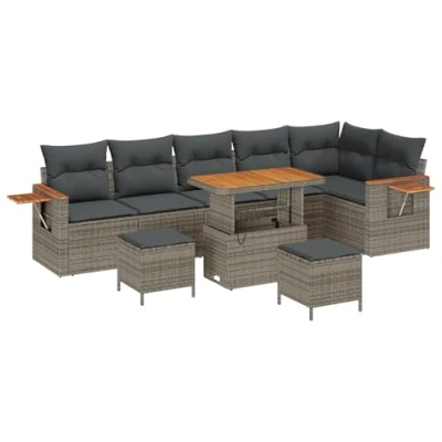 Afbeelding van vidaXL 9 Delige Tuin Sofa Set met Kussens Grijs Poly Rattan Acacia, 3 Eet Acacia