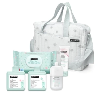 Afbeelding van Suavinex, Babytrolley met cosmetica: Gel Shampoo Syndet 300 ml + hydraterende lotion zalf 75 Baby Cologne 100 doekjes 72 stuks mint