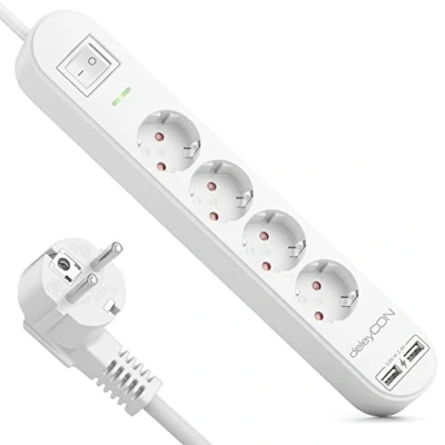 Afbeelding van deleyCON Verlengdozen 3,0m Stopcontactstrip met 4 Vakken &amp; USB 4x Beschermende Contactdozen 2x A Laadcontactdoos voor bijv. Smartphone Tablet Overspanningsbeveiliging AAN/UIT Schakelaar Wit