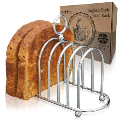 Afbeelding van Muldale Silver toast Rack 6 Slice Victoriaanse stijl Chrome houder rek met bal voeten toaststandaard draaggreep stevig en gehard