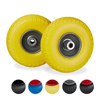 Afbeelding van Relaxdays steekwagenwiel set van 2 stuks rubberband bolderkar 100 kg stalen velg Geel grijs