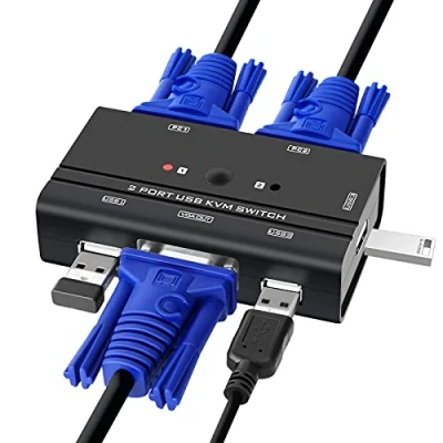Afbeelding van USB VGA KVM switch, TCNEWCL Schakelaar Selector Box, 2 Computer Share 1 Monitor en 3 apparaten voor muis, toetsenbord, scanner, printer, enz. Compatibel met Windows/Linux/Mac systeem