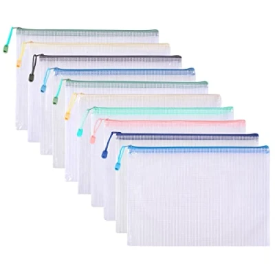 Afbeelding van Awilnax Plastic portefeuilles, 10 stuks A4 portemonnee mappen met ritssluiting, gaasdoek voor documentenopslag, school, kantoor, huiswerk reizen opbergzakken, papierorganisatie, cosmetica,