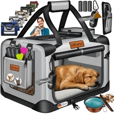 Afbeelding van Lovpet® Hondenbox, incl. hondenbak, opvouwbaar, XXXL 102 x 69 cm hondentransportbox, transporttas, hondentas, transportbox voor huisdieren, honden en katten lichtgrijs
