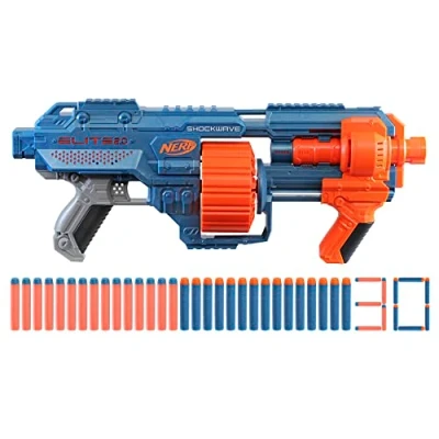 Afbeelding van Nerf Elite 2.0 Shockwave RD 15 blaster, 30 darts, draaiende trommel met pompactie voor spervuur, ingebouwde aanpassingsmogelijkheden, Easy open packaging