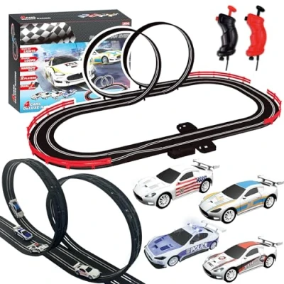 Afbeelding van AGM MASTECH MASETCH Slot Car Race Track Sets met 4 prachtige speelautomaten, batterij of elektrische auto track, 2 controllers, rondeteller, geschenkspeelgoed voor jongens en meisjes vanaf 8 jaar