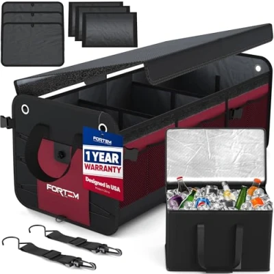 Afbeelding van FORTEM Auto Organizer, SUV Kofferbak Organizer met Koeler, Opvouwbare Vakken, Antislip Bodem, Verstelbare Bevestigingsriempjes, Opvouwbaar Deksel (3 Compartimenten, Rood)