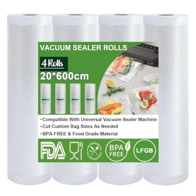 Afbeelding van Omtofo vacuümzakken, 4 rollen vacuümfolie, 20 x 600 cm, levensmiddelen, BPA vrij, scheurvast, 150 µm, vacuümfolierol voor alle vacuümverpakkers, magnetrons en sous vide