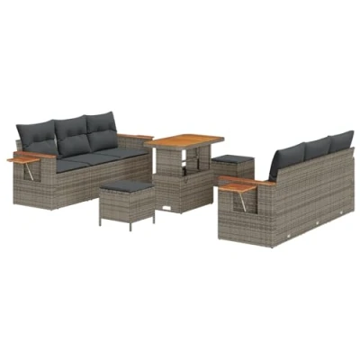 Afbeelding van vidaXL 9 delige Tuin Sofa Set met Kussens Grijs Poly Rattan Acacia, 3 Eettafelset Acacia