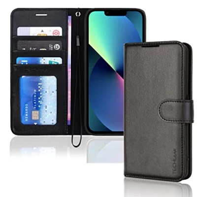 Afbeelding van TECHGEAR iPhone 14 Plus lederen portemonneehoesje, flip beschermhoes met portemonnee kaarthouder, standaard en polsband zwart PU leer magnetische sluiting, ontworpen voor 6,7 inch