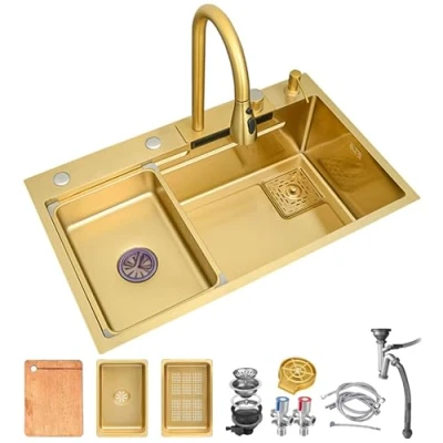 Afbeelding van DSMRLEOP Waterval spoelbak in goud, multifunctionele keuken 304 roestvrij staal spoelbak, met gouden kraan en diverse accessoires (Color : Gold, S 68x45cm)