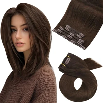 Afbeelding van Moresoo Clip in Hair Extensions Human Zwart Voor Haarverlenging Dubbele Inslag Echt Remy Haar Donker Bruin #4 80g 30 cm 5PCS