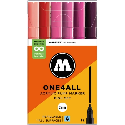 Afbeelding van Molotow One4All 127HS Acryl Marker Pink Set (2,0 mm lijndikte, zeer dekkend en permanent, sneldrogend, navulbaar, voor bijna alle ondergronden), 6 stuks gesorteerd