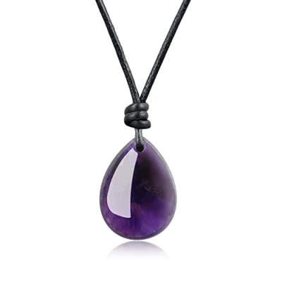 Afbeelding van COAI Teardrop Crystal Ketting voor Vrouwen Mannen, Lederen Ketting/Roestvrij Staal Ketting, Leer, paars amethist