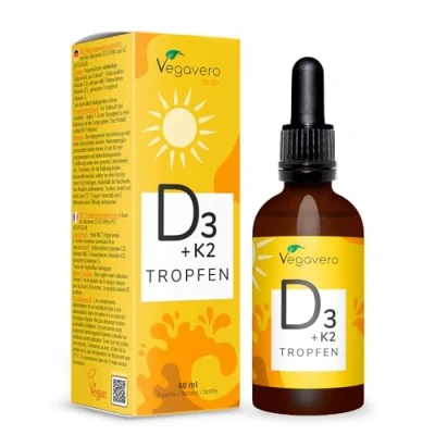 Afbeelding van Vegavero vitamine D3 K2 druppels 100% VEGAN Hoogwaardige K2VITAL® &amp; D3V® 2.000 IE + 25 µg all trans Laboratorium getest en zonder bewaarmiddelen