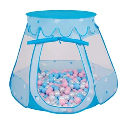 Afbeelding van SELONIS Baby speeltent met plastic ballen, tent 105 x 90 cm / 100 ballen voor kinderen, blauw: babyblauw, poederroze, parelmoer