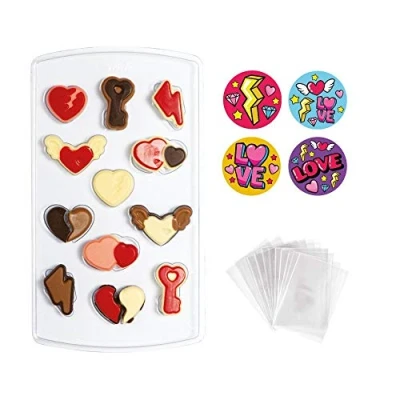 Afbeelding van Decora Choco mal Set Hearts thema incl zakjes &amp; stickers 15x26cm