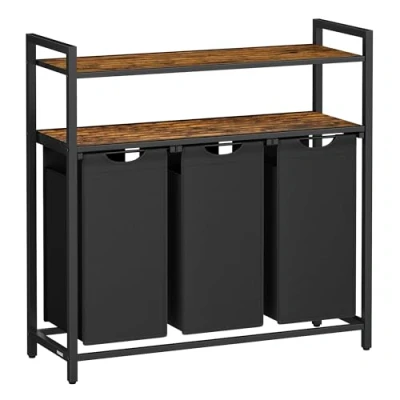 Afbeelding van VASAGLE wasmand 3 vakken, met 2 planken, waszak uitschuifbaar en afneembaar, 40 liter per zak, voor badkamer, wasruimte, vintage bruinzwart BLH213B01