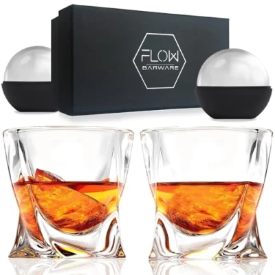 Afbeelding van Flow Barware Twist Whiskyglazen, set van 2 stuks, geschenkset whiskyglas met gedraaid ontwerp, perfecte whiskybekers voor Scotch, Bourbon, Gin &amp; Tonic