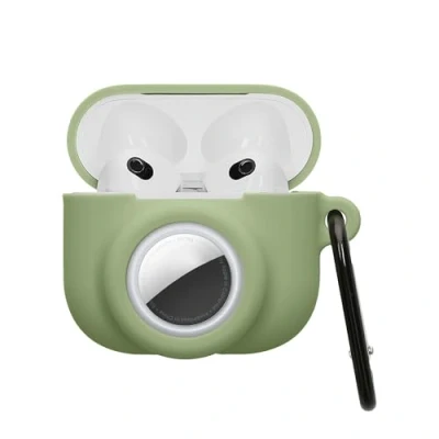 Afbeelding van kwmobile oordopjes case geschikt voor Apple AirPods 3 hoesje Oortjes cover met AirTag houder in ear koptelefoon hoes Silicone matcha groen