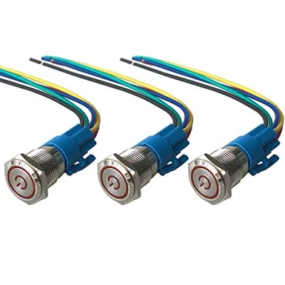 Afbeelding van QitinDasen 3 Stks Premium 16 mm Zelfsluitende vergrendeling Drukknopschakelaar, 12 V/24 V 5A Auto Ontsteking Starter Schakelaar, Rood LED Licht IP67 Waterdichte Metalen Schakelaar met Socket Plug Wire