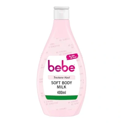 Afbeelding van bebe Soft Body Milk (400 ml), snel intrekkende bodylotion met jojoba olie en panthenol voor de droge huid, ruikt zacht, hydrateert 24 uur,400 ml (1er pakket),Wit