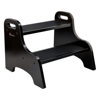 Afbeelding van StrongTek Houten 2 stappen kruk voor kinderen met antislip opstapoppervlak, draagbare handgrepen, slipbestendige voetkussens en 300 lbs. capaciteit, multifunctionele zware ondersteuning (espresso)