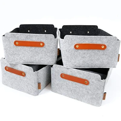 Afbeelding van Miqio® Design opbergdoos van vilt met lederen handvat, hoogwaardige mand vilt, vilten box handgrepen echt leer, plankmand, lichtgrijs, 4 delige set