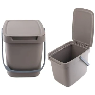Afbeelding van Kadax Afvalemmer, met deksel en handvat, van plastic, vuilnisemmer, voor afvalscheiding, rechthoekig, klapdeksel, bruin, 6 l
