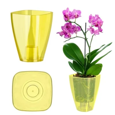 Afbeelding van KADAX Bloempot, orchideeënpot, eenvoudige bloempot voor orchidee, juveniel, madeliefje, keuken en woonkamer (diameter 12 cm, vierkant, geel)