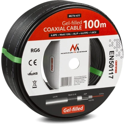 Afbeelding van Antenne coaxiale gelkabel RG6 100M Maclean MCTV 477 1.0CU + 4.6FPE AL / P 96 * 0.12AL 6.8PE