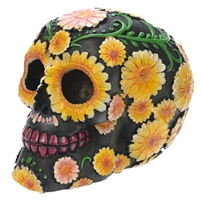 Afbeelding van Puckator Dag van de Dode Schedel Decoratie met Bloempatroon, Polyresin, Geel/Groen/Roze/Zwart, 15 x 10,5 11,5 cm, hars, Multi, Hoogte cm Breedte Diepte