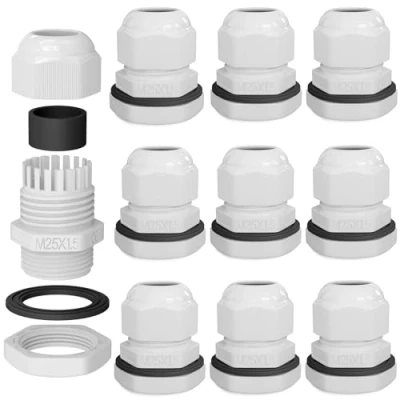 Afbeelding van hb digital Kabelschroefverbinding M25 voor 11 15 mm kabeldiameter IP68, stof en waterdicht, met rubberen afdichting, tegenmoer, klemlamellen, stopbus, isolatie, kabelinvoer, wit