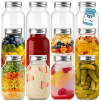 Afbeelding van HEFTMAN Glazen Mason Potten met Deksels 1L Set van 12 Luchtdichte voor Overnight Oats