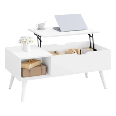 Afbeelding van WOLTU Verhoogde koffietafel, salontafel met interne opbergruimte en open vak, hoog uittrekbare salontafel, voor woonkamer, 100 x 50 (43 57) cm, wit, BTS26ws