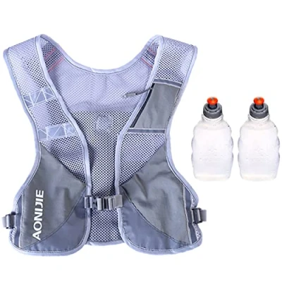 Afbeelding van Ultralichte reflecterende drinkrugzak, drinkvest, marathon running rugzak voor dames en heren (grijs, met 2 flessen van 250 ml)
