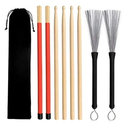 Afbeelding van Gobesty Drumsticks set, 2 paar 5A esdoornhout drumstokken, 1 drumdraadborstels, drumstaafborstels, intrekbare drumstokborstel met opbergtas voor rockband, jazz folk