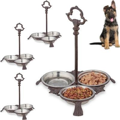 Afbeelding van Relaxdays 4x voerbak hond met standaard hondenbak gietijzer antiek 3 eetbakjes kat