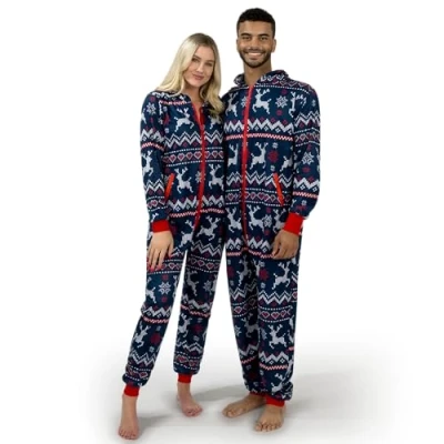 Afbeelding van Giggling Getup Volwassen Kerst Draad Pyjama, Mannen Losse Nordic Print Patroon Vakantie Overalls blauw, S