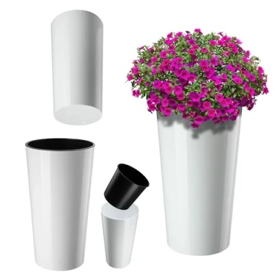 Afbeelding van KADAX bloempot met houtspaanders, elegante uitneembare inzet, bloempotbescherming voor kantoor, bloembak, pot, tuinschaal, wit, diameter van 25,5 cm