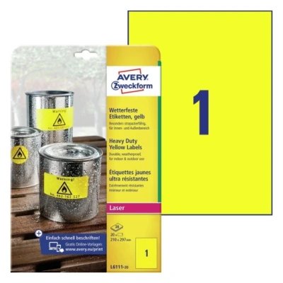 Afbeelding van Etiket Avery Zweckform L6111 20 210x297mm geel 20stuks