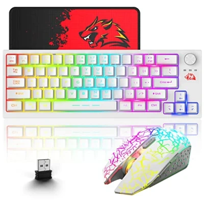 Afbeelding van 60% Draadloos gaming toetsenbord muis combo, 64 toetsen met knop 3800mAh Oplaadbaar batterij RGB verlichting Keyboard, 2400 DPI regenboog mute muispad, Compatibel PS4/PS5/PC/Laptop Wit