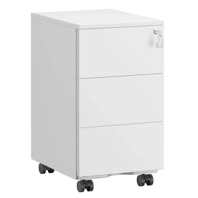 Afbeelding van SONGMICS Ladekast, Rolcontainer, Mobiele Archiefkast, Metalen Kast, Printertafel, Afsluitbaar, 3 Laden, Voorgemonteerd, Kantoor, Thuiskantoor, 40 x 30 54 cm, Mat Wit OFC079W01