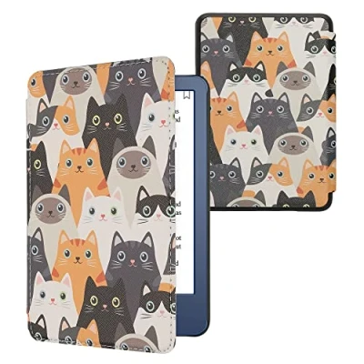 Afbeelding van kwmobile E reader hoesje geschikt voor Amazon Kindle (2022) hoes flip case met magnetische sluiting Ereader cover Katten design in oranje / zwart wit